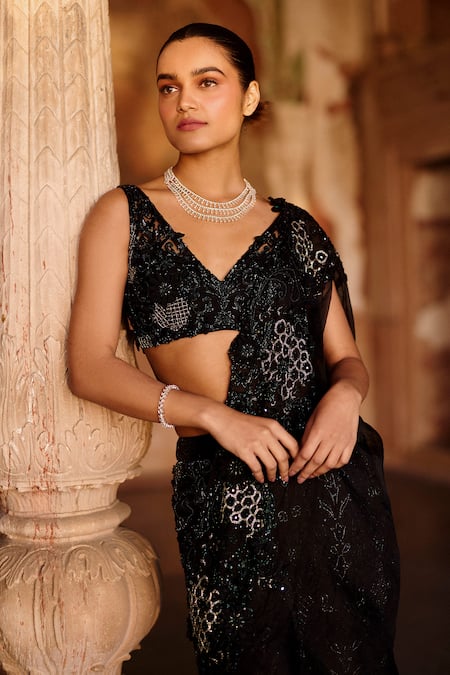 Awigna Noire Floral Bead Embroidered Pre-Draped Sharara Saree Set 