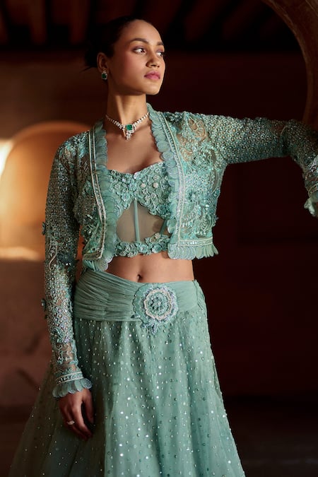 Shop_Awigna_Green , Chiffon, Net, Silk Embroidery, Nahar Jacket Lehenga Set _at_Aza_Fashions