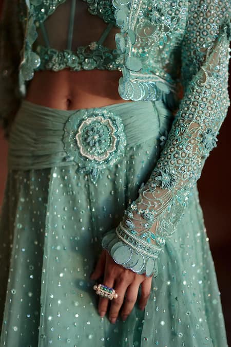 Awigna_Green , Chiffon, Net, Silk Embroidery, Nahar Jacket Lehenga Set _Online_at_Aza_Fashions
