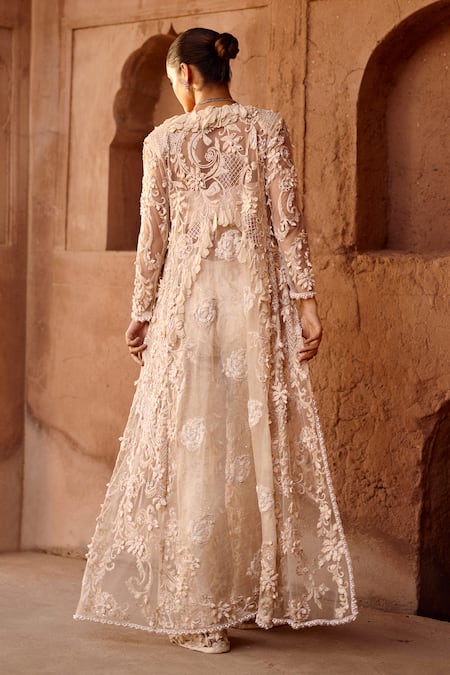 Shop_Awigna_Ivory Organza, Net Pearls, Embroidery Sweetheart Neck Verbena Cape Pant Set _at_Aza_Fashions