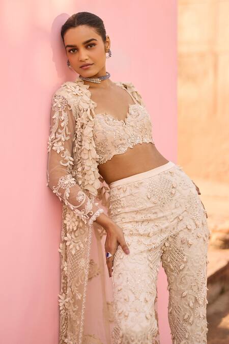 Buy_Awigna_Ivory Organza, Net Pearls, Embroidery Sweetheart Neck Verbena Cape Pant Set _Online_at_Aza_Fashions