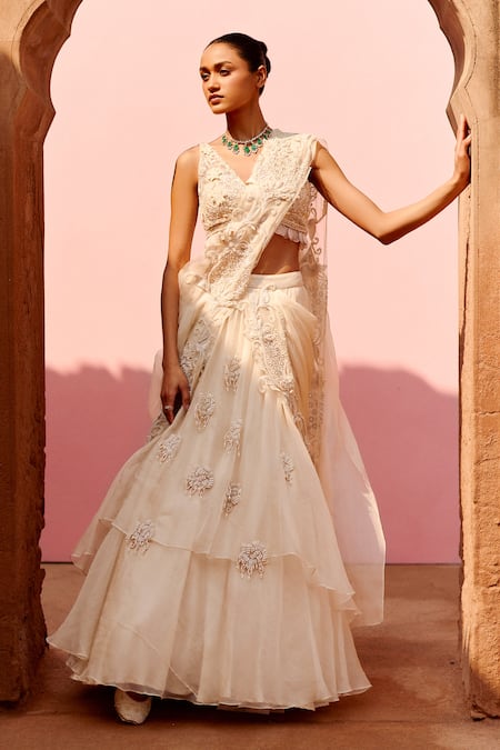 Awigna Ivory Pure Organza Embroidered Fiora Pre-draped Saree With Blouse 