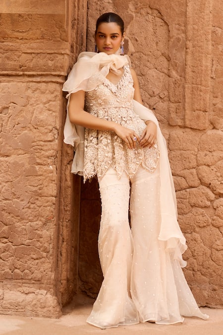Shop_Awigna_Ivory Net, Silk , Embroidery, Pearls V-neck Leilani Top Pant Set _at_Aza_Fashions