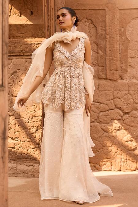 Awigna_Ivory Net, Silk , Embroidery, Pearls V-neck Leilani Top Pant Set _Online_at_Aza_Fashions