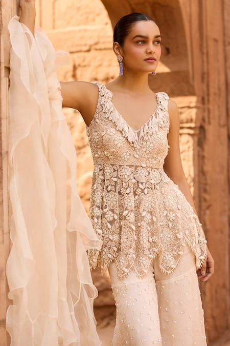 Buy_Awigna_Ivory Net, Silk , Embroidery, Pearls V-neck Leilani Top Pant Set _Online_at_Aza_Fashions
