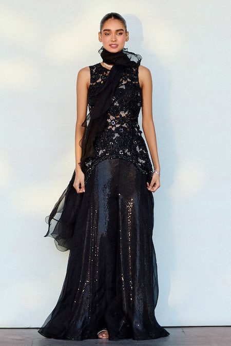 Shop_Awigna_Black Net, Organza Sequins, Embroidery Round Neck Azraq Peplum Pant Set _at_Aza_Fashions