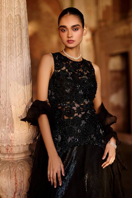 Awigna_Black Net, Organza Sequins, Embroidery Round Neck Azraq Peplum Pant Set _Online_at_Aza_Fashions