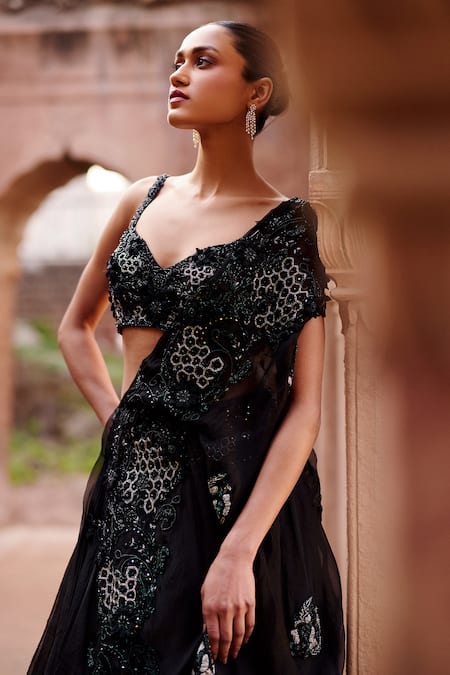 Shop_Awigna_Black Net, Silk , Beads, Embroidery Nero Blouse Lehenga Set _at_Aza_Fashions