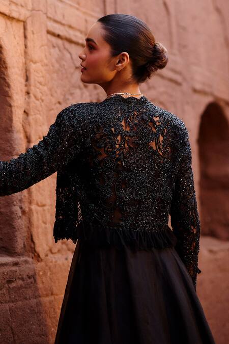 Shop_Awigna_Black Net, Organza Embroidery, Beads Sweetheart Neck, Negra Gown With Jacket _at_Aza_Fashions