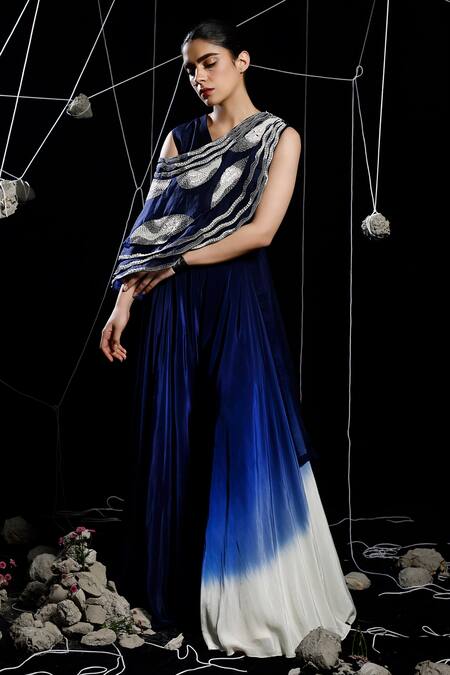 Eclat By Prerika Jalan_Blue Organza, Crepe, Muslin Pearls, Lasso Helix Embroidered Ombre Jumpsuit_Online_at_Aza_Fashions