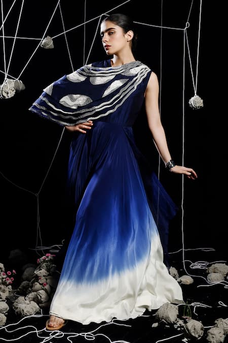 Buy_Eclat By Prerika Jalan_Blue Organza, Crepe, Muslin Pearls, Lasso Helix Embroidered Ombre Jumpsuit_Online_at_Aza_Fashions