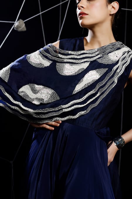 Shop_Eclat By Prerika Jalan_Blue Organza, Crepe, Muslin Pearls, Lasso Helix Embroidered Ombre Jumpsuit_Online_at_Aza_Fashions