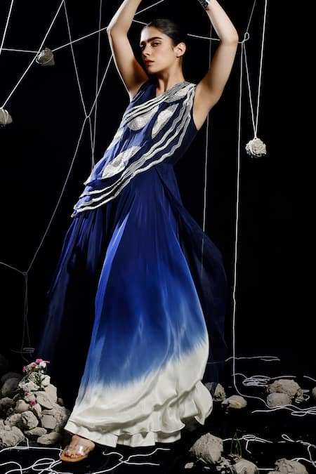 Eclat By Prerika Jalan_Blue Organza, Crepe, Muslin Pearls, Lasso Helix Embroidered Ombre Jumpsuit_at_Aza_Fashions