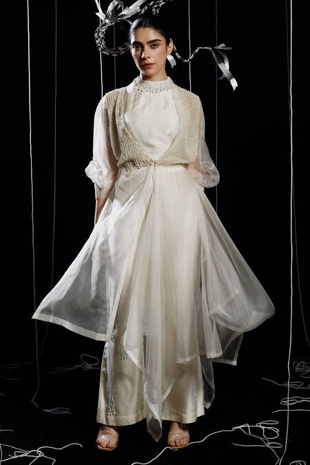 Eclat By Prerika Jalan_Ivory Organza, Muslin Pearls Open Coil Misty Embellished Jacket Flared Pant Set _Online_at_Aza_Fashions