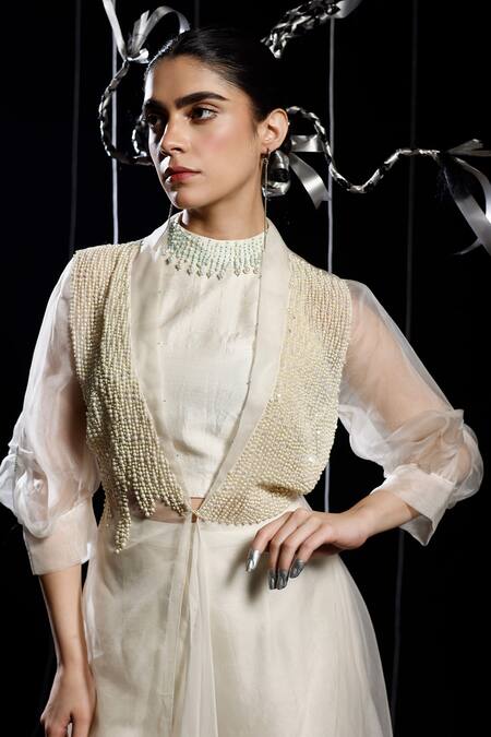 Buy_Eclat By Prerika Jalan_Ivory Organza, Muslin Pearls Open Coil Misty Embellished Jacket Flared Pant Set _Online_at_Aza_Fashions