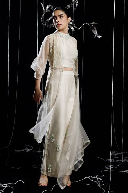 Shop_Eclat By Prerika Jalan_Ivory Organza, Muslin Pearls Open Coil Misty Embellished Jacket Flared Pant Set _Online_at_Aza_Fashions