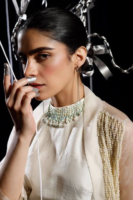 Eclat By Prerika Jalan_Ivory Organza, Muslin Pearls Open Coil Misty Embellished Jacket Flared Pant Set _at_Aza_Fashions