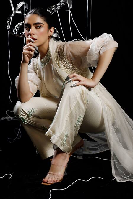 Buy_Eclat By Prerika Jalan_Ivory Organza, Muslin Pearls Open Coil Misty Embellished Jacket Flared Pant Set 