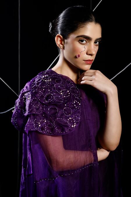 Eclat By Prerika Jalan_Purple Organza, Muslin, Silk Pearls, Twist Cosmic Embellished Jacket Pant Set _Online_at_Aza_Fashions