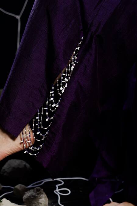 Buy_Eclat By Prerika Jalan_Purple Organza, Muslin, Silk Pearls, Twist Cosmic Embellished Jacket Pant Set _Online_at_Aza_Fashions