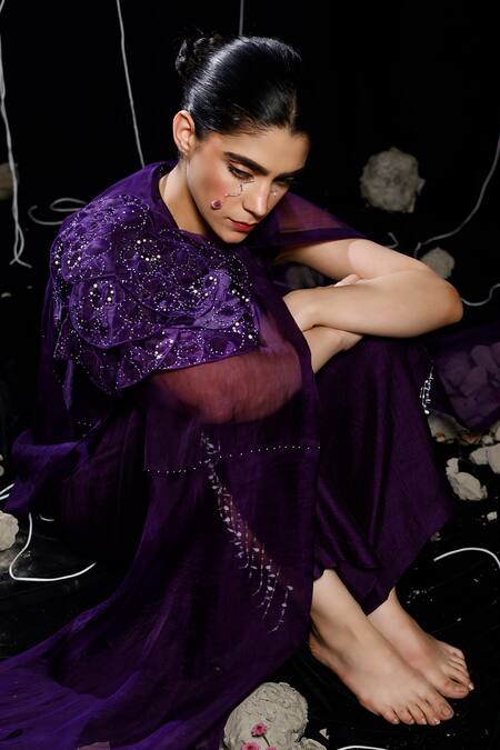 Shop_Eclat By Prerika Jalan_Purple Organza, Muslin, Silk Pearls, Twist Cosmic Embellished Jacket Pant Set _Online_at_Aza_Fashions