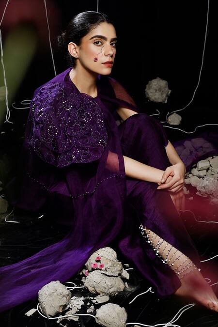 Eclat By Prerika Jalan_Purple Organza, Muslin, Silk Pearls, Twist Cosmic Embellished Jacket Pant Set _at_Aza_Fashions