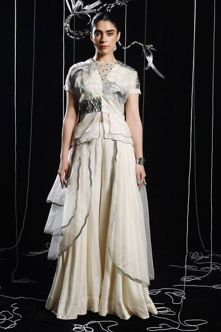 Eclat By Prerika Jalan_Ivory Organza, Satin, Muslin Knot Celeste Embroidered Peplum Jacket Palazzo Set _Online_at_Aza_Fashions