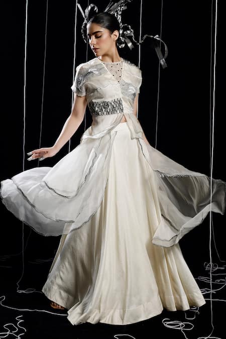 Buy_Eclat By Prerika Jalan_Ivory Organza, Satin, Muslin Knot Celeste Embroidered Peplum Jacket Palazzo Set _Online_at_Aza_Fashions