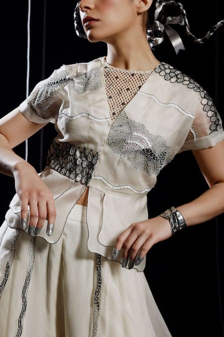 Shop_Eclat By Prerika Jalan_Ivory Organza, Satin, Muslin Knot Celeste Embroidered Peplum Jacket Palazzo Set _Online_at_Aza_Fashions