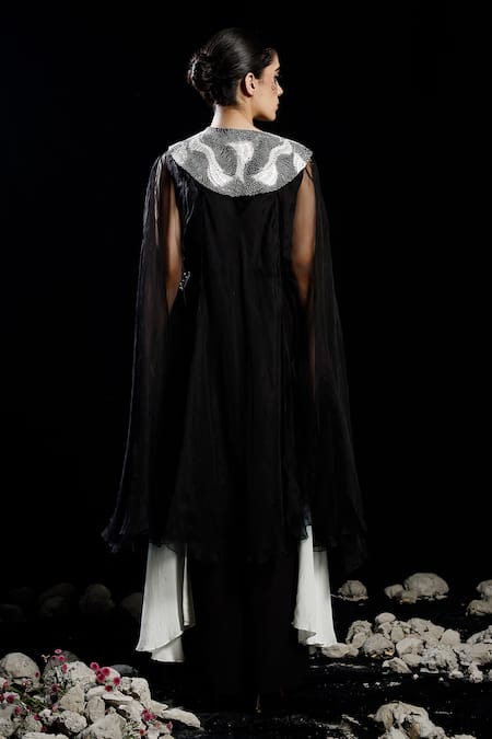 Eclat By Prerika Jalan Black Pearl Tassel Embroidered Cape Set 