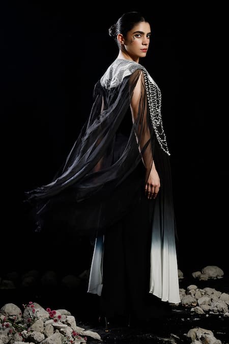 Eclat By Prerika Jalan_Black Organza, Crepe Pearl Tassel Embroidered Cape Set _Online_at_Aza_Fashions