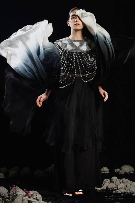 Buy_Eclat By Prerika Jalan_Black Organza, Crepe Pearl Tassel Embroidered Cape Set _Online_at_Aza_Fashions