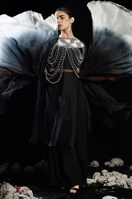 Shop_Eclat By Prerika Jalan_Black Organza, Crepe Pearl Tassel Embroidered Cape Set _Online_at_Aza_Fashions