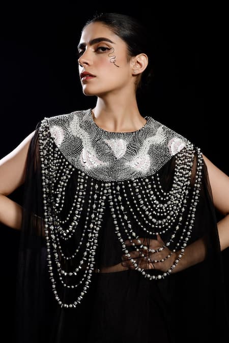 Eclat By Prerika Jalan_Black Organza, Crepe Pearl Tassel Embroidered Cape Set _at_Aza_Fashions
