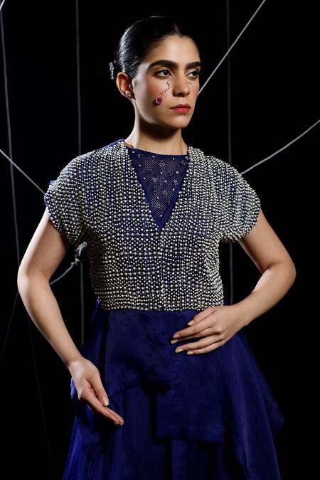 Eclat By Prerika Jalan_Blue Organza, Satin, Muslin Pearls, Veer Embroidered Peplum Jacket Palazzo Set _Online_at_Aza_Fashions