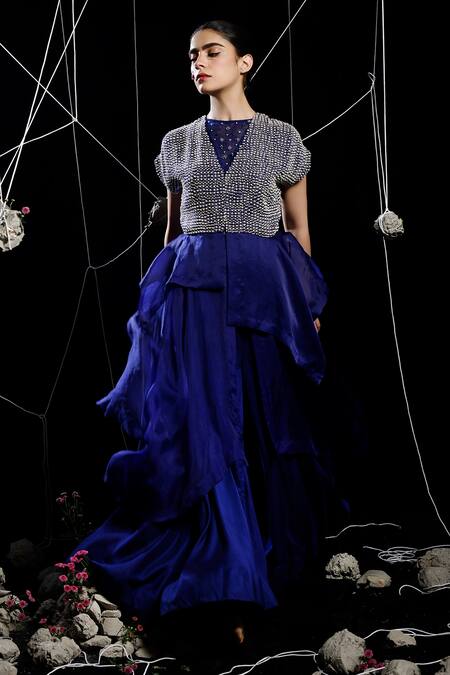 Buy_Eclat By Prerika Jalan_Blue Organza, Satin, Muslin Pearls, Veer Embroidered Peplum Jacket Palazzo Set _Online_at_Aza_Fashions