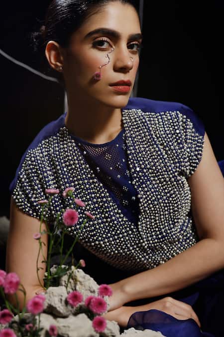 Shop_Eclat By Prerika Jalan_Blue Organza, Satin, Muslin Pearls, Veer Embroidered Peplum Jacket Palazzo Set _Online_at_Aza_Fashions