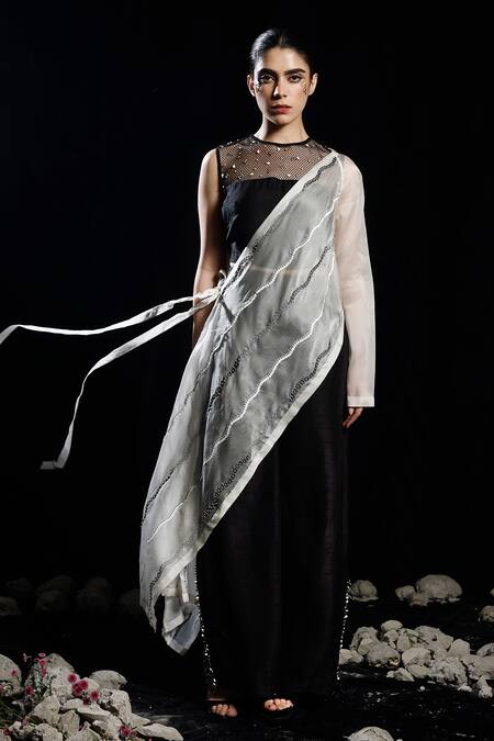Eclat By Prerika Jalan_Black Organza, Satin, Muslin Splice One Side Embellished Draped Sash Pant Set _Online_at_Aza_Fashions