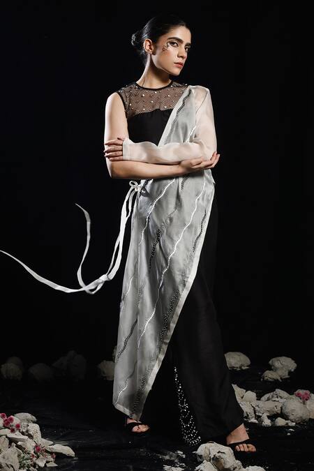 Buy_Eclat By Prerika Jalan_Black Organza, Satin, Muslin Splice One Side Embellished Draped Sash Pant Set _Online_at_Aza_Fashions