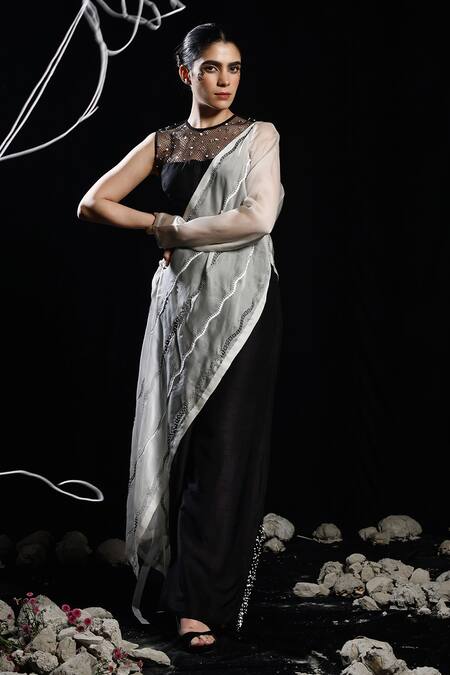 Eclat By Prerika Jalan_Black Organza, Satin, Muslin Splice One Side Embellished Draped Sash Pant Set _at_Aza_Fashions
