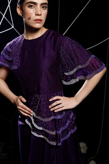 Eclat By Prerika Jalan_Purple Organza, Satin Sequins, Hoop Cosmic Waves Embroidered Draped Shift Dress _Online_at_Aza_Fashions