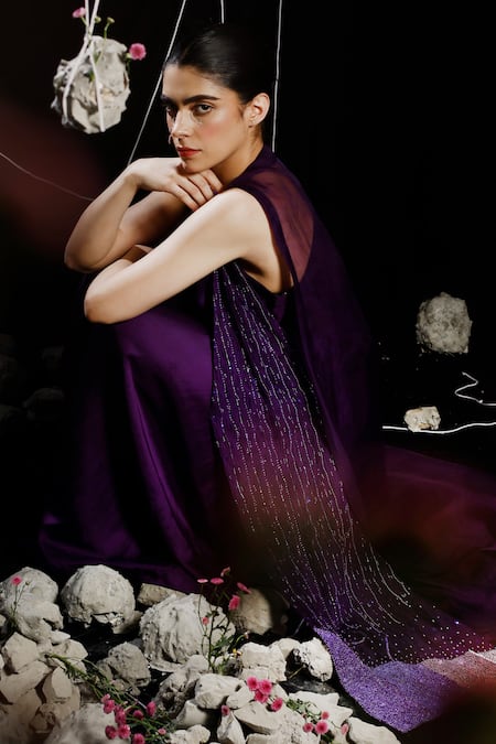 Buy_Eclat By Prerika Jalan_Purple Satin, Linen, Organza Sequins, Lash Maxi Dress With Embellished Jacket _Online_at_Aza_Fashions