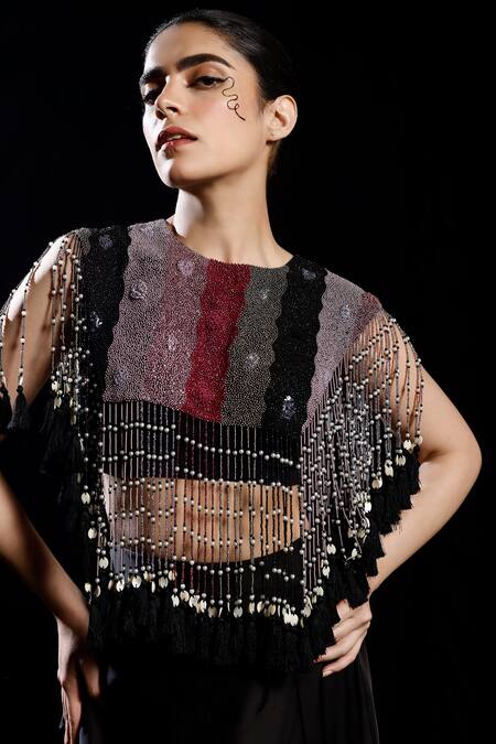 Eclat By Prerika Jalan_Black Modal, Silk Pearls, Beads Tangle Encrusted Fringy Cape Draped Skirt Set _Online_at_Aza_Fashions