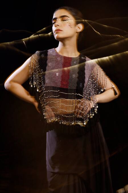 Buy_Eclat By Prerika Jalan_Black Modal, Silk Pearls, Beads Tangle Encrusted Fringy Cape Draped Skirt Set _Online_at_Aza_Fashions