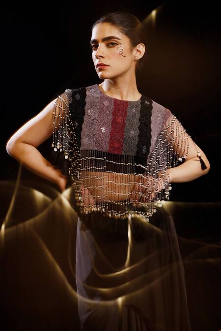 Shop_Eclat By Prerika Jalan_Black Modal, Silk Pearls, Beads Tangle Encrusted Fringy Cape Draped Skirt Set _Online_at_Aza_Fashions