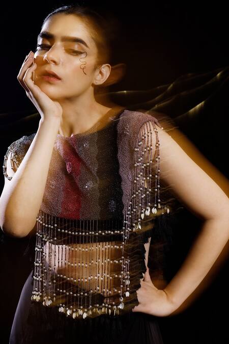 Eclat By Prerika Jalan_Black Modal, Silk Pearls, Beads Tangle Encrusted Fringy Cape Draped Skirt Set _at_Aza_Fashions