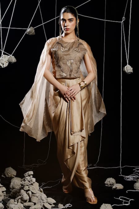 Eclat by Prerika Jalan Gold Silk Satin Embroidery Squif Brazen Petal Cape Draped Skirt Set 