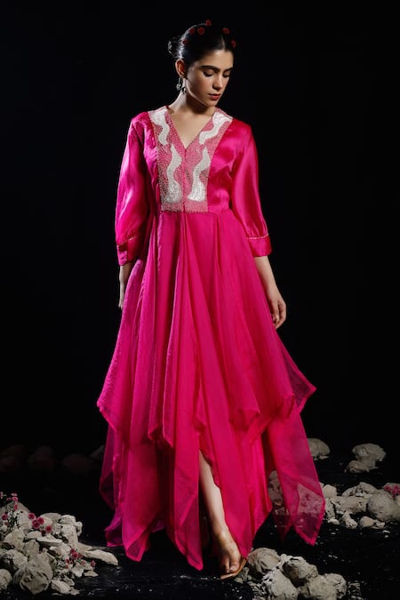 Eclat by Prerika Jalan Pink Satin Organza Embroidery Wind Wave Jacket With Draped Dress 