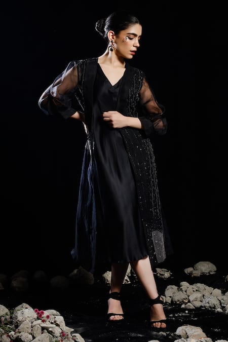 Eclat By Prerika Jalan_Black Organza, Silk Satin Crystals, Beads Node Embellished Jacket With Dress _Online_at_Aza_Fashions