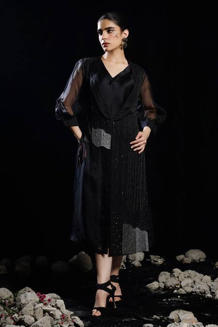 Buy_Eclat By Prerika Jalan_Black Organza, Silk Satin Crystals, Beads Node Embellished Jacket With Dress _Online_at_Aza_Fashions
